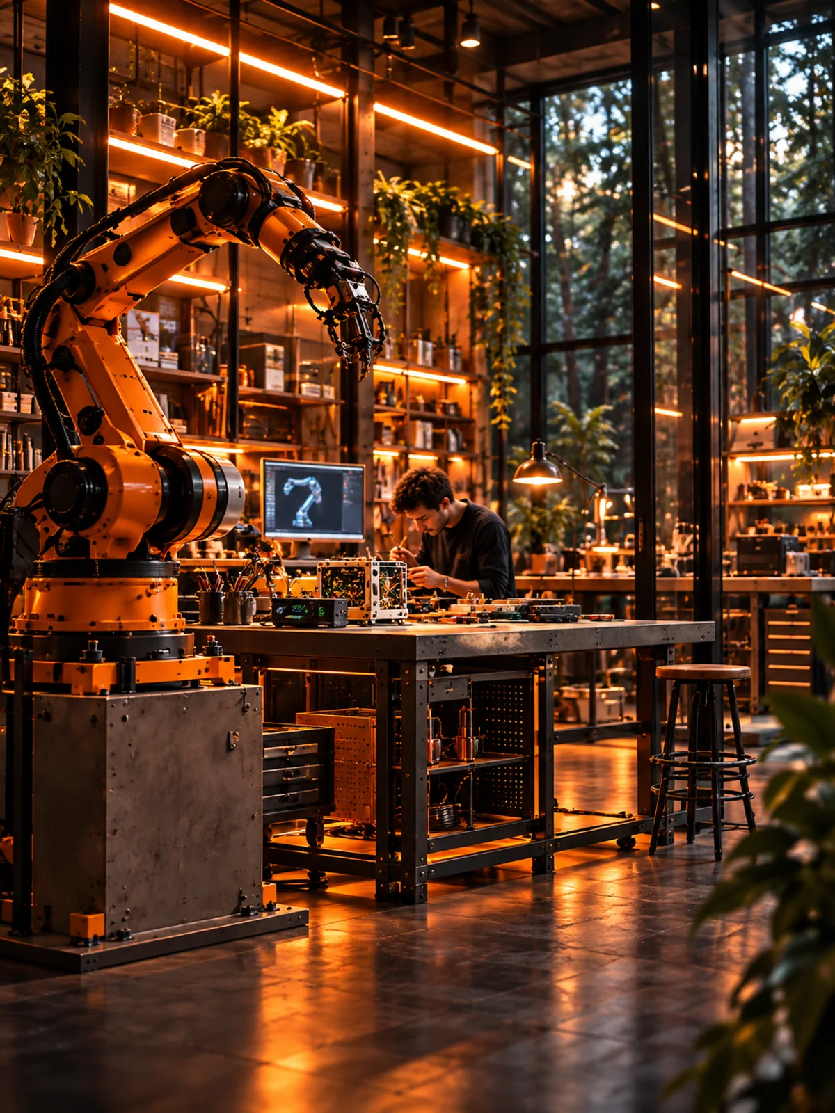 Amber ışıklı bir robotik prototipleme atölyesinin temsili görseli